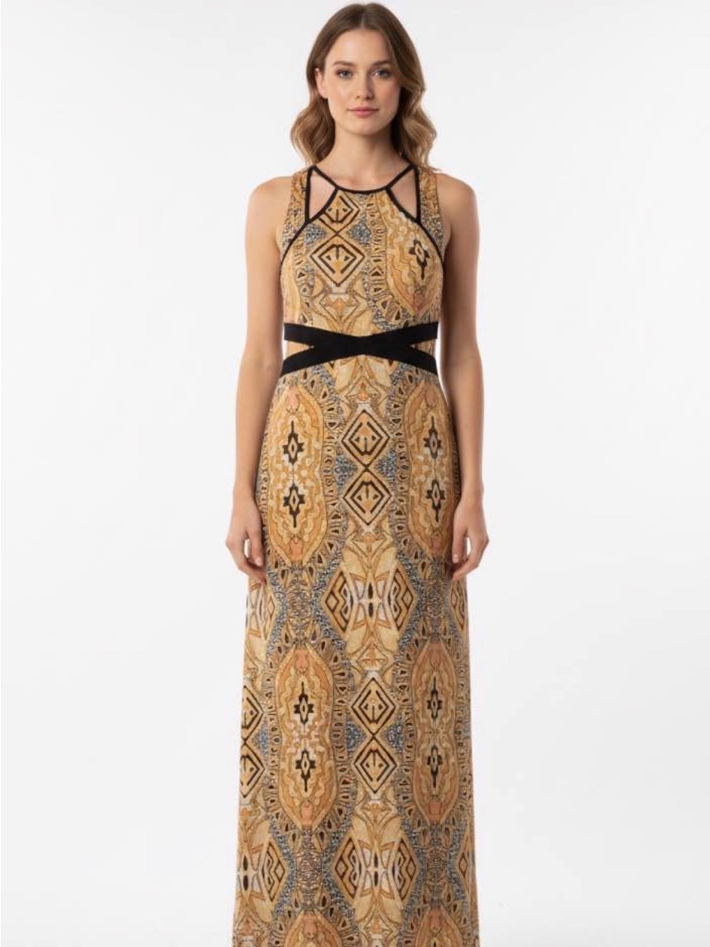 Sleeveless Geometric Print Maxi Dress in Tan